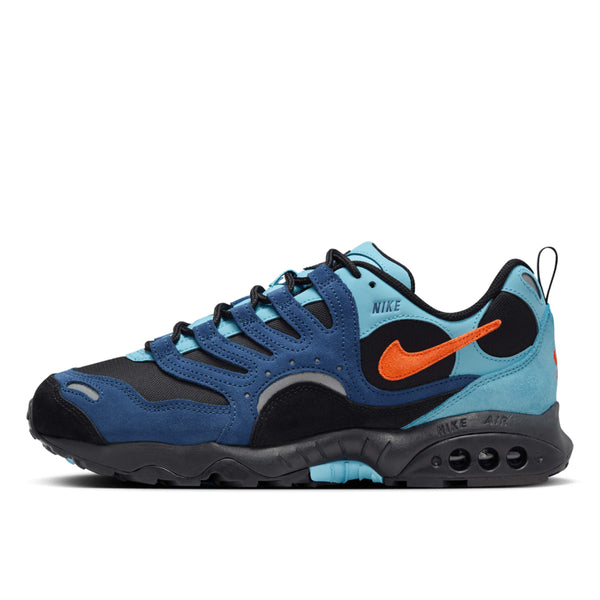 Air Terra Humara 1997 edition featuring Mystic Navy suede, Aquarius Blue textiles, and Safety Orange Swoosh, designed for urban and trail adventures.