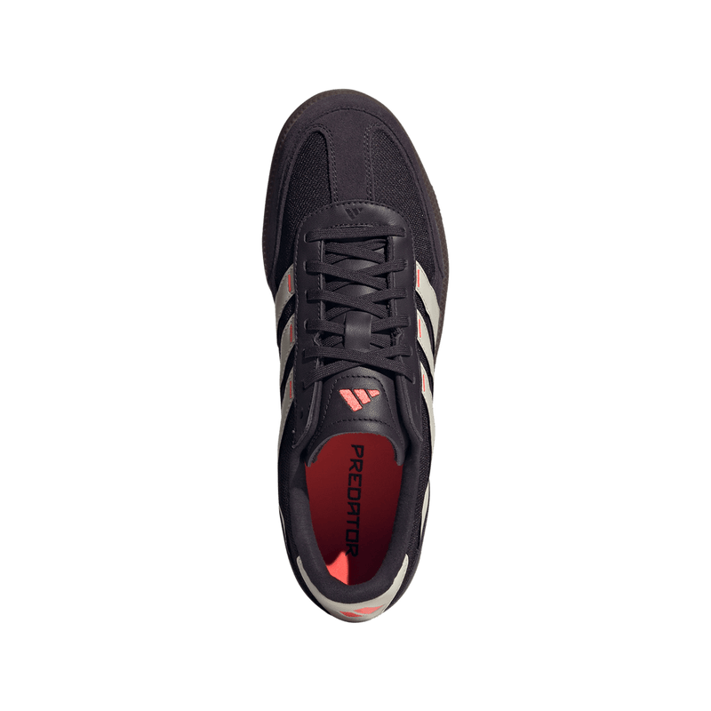 Adidas Predator Freestyle soccer shoes with suede and mesh upper, lightweight Lightstrike midsole, and Samba outsole, made with recycled and renewable materials.