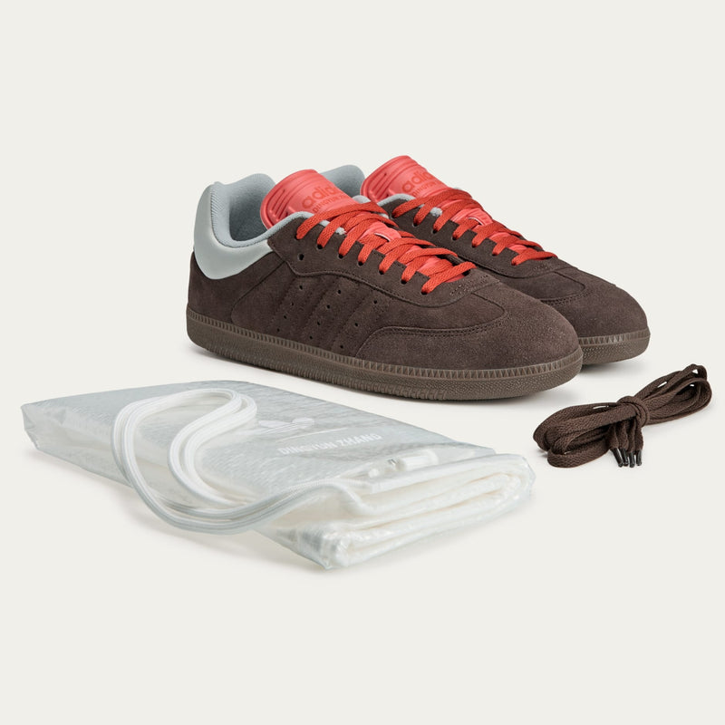 Dingyun Zhang x adidas Samba shoes with shorthair cow suede material, exaggerated elongated tongue, and a fusion of sci-fi and street culture influences.