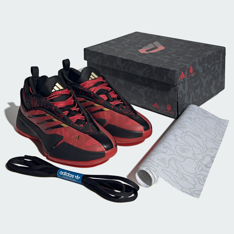 BAPE® x Dame 9 shoes by adidas Basketball showing Lightstrike midsole, BAPE® graphics, and Damian Lillard logo.