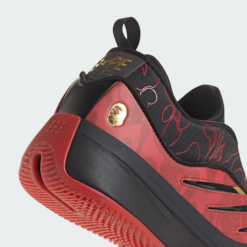 BAPE® x Dame 9 shoes by adidas Basketball showing Lightstrike midsole, BAPE® graphics, and Damian Lillard logo.