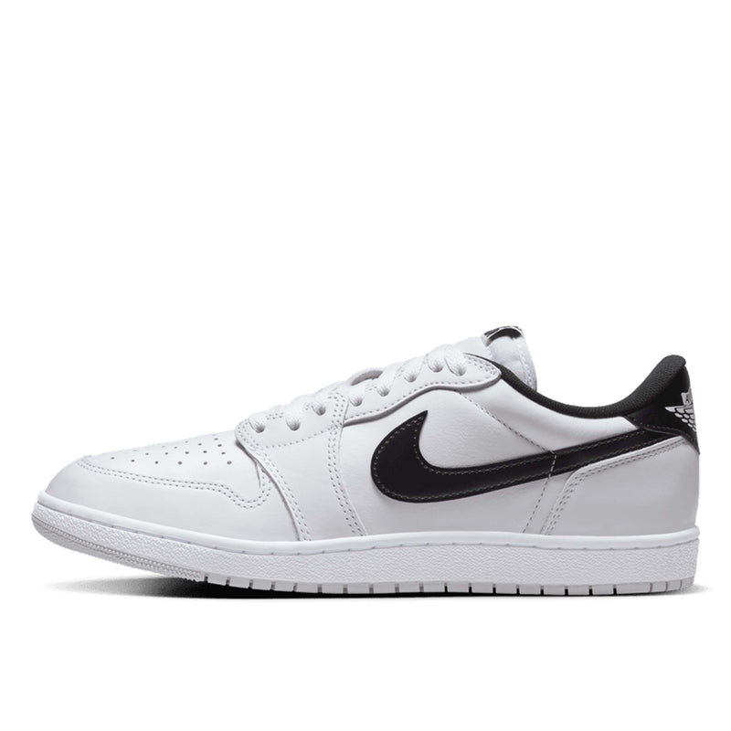 Air Jordan 1 Low '85 Metallic Black - White leather with metallic black Swoosh, heel tab, and grey outsole.