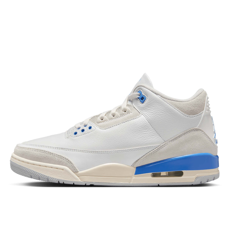 AJ3 sneakers with white full-grain leather, gray suede reinforcements, and blue accents, inspired by Michael Jordan's lucky blue training shorts.