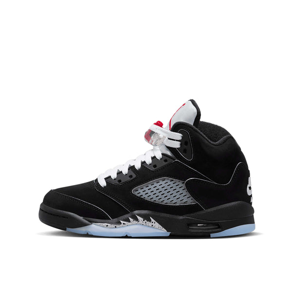 Air Jordan 5 sneaker with zig-zag midsole details, mesh panels, lace locks, and premium nubuck leather with metallic accents.