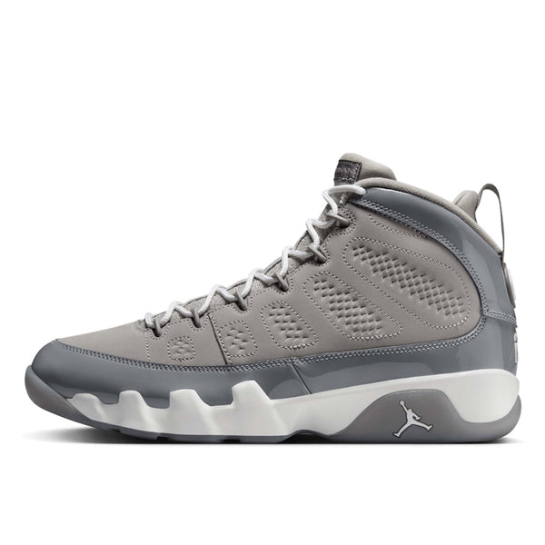 Air Jordan 9 "Cool Grey" sneakers with medium grey nubuck upper, cool grey patent leather mudguards, and semi-translucent outsole.