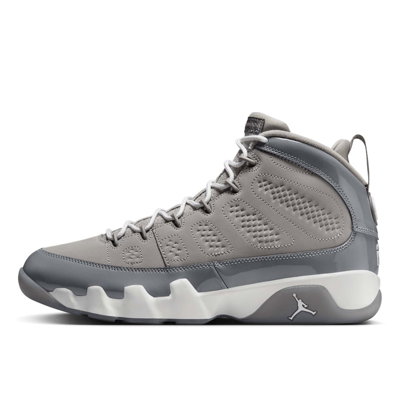 Air Jordan 9 "Cool Grey" sneakers with medium grey nubuck upper, cool grey patent leather mudguards, and semi-translucent outsole.