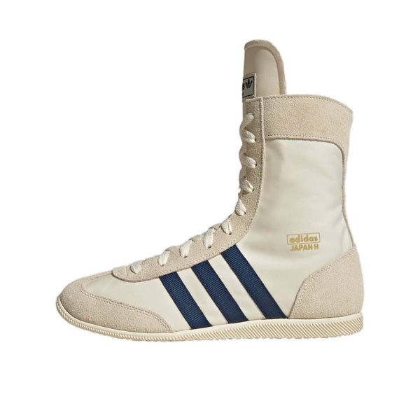 adidas Japan High Shoes featuring a high-top nylon and suede upper, extended tongue, lace-up closure, EVA wedge sole, and bold 3-Stripes with gold-letter branding.