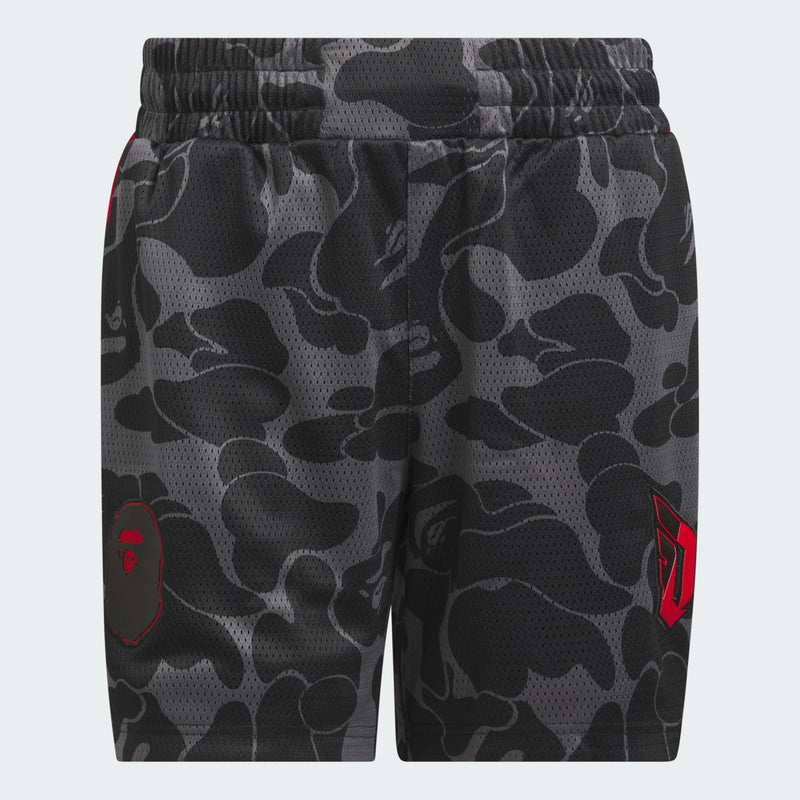 Damian Lillard x BAPE® basketball shorts in breathable polyester mesh, featuring drawcord-adjustable waistband and distinctive Dame and BAPE® graphics.