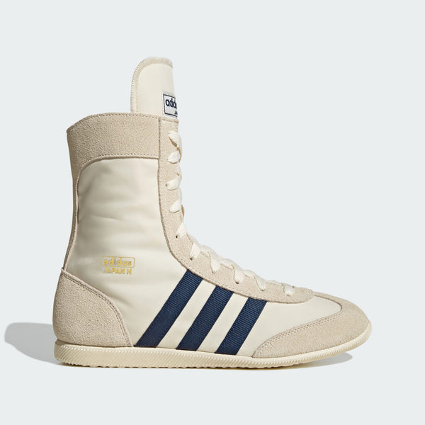 adidas Japan High Shoes featuring a high-top nylon and suede upper, extended tongue, lace-up closure, EVA wedge sole, and bold 3-Stripes with gold-letter branding.