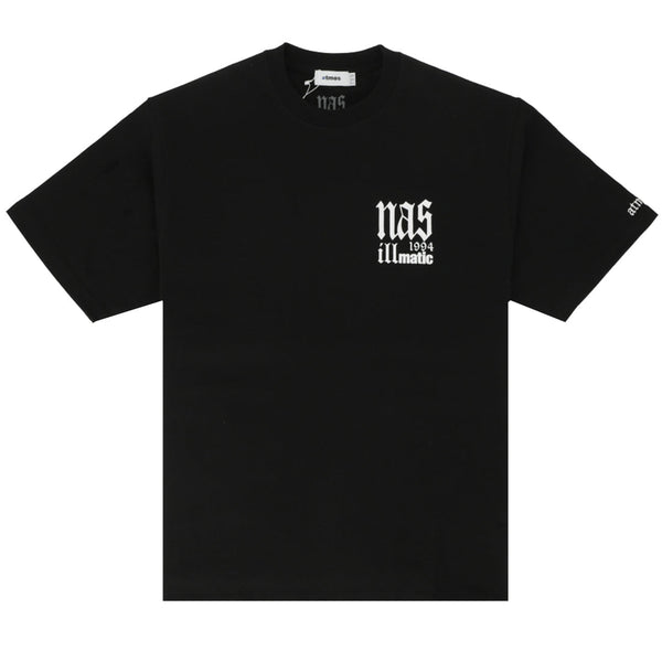 Nas x atmos "Nas Illmatic" T-shirt featuring the Nas logo and album title on the front, with the tracklist on the back, celebrating the 30th anniversary of the Illmatic album during Nas's Japan tour.