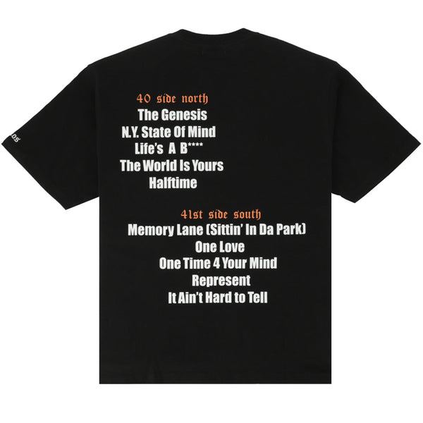 Nas x atmos "Nas Illmatic" T-shirt featuring the Nas logo and album title on the front, with the tracklist on the back, celebrating the 30th anniversary of the Illmatic album during Nas's Japan tour.