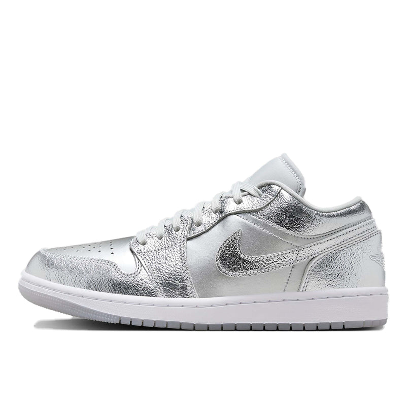 Eye-catching Air Jordan 1 sneaker crafted from luxe metallic cracked leather, featuring premium details like a semi-translucent sole, designed to make a bold statement.