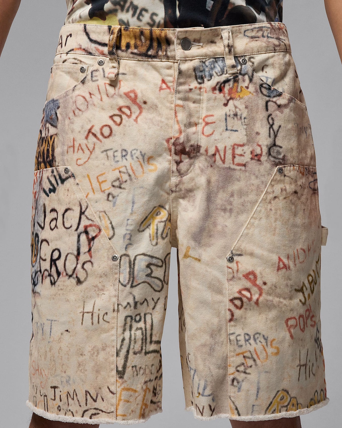 Air Jordan cotton twill shorts with MJ-inspired graphics, reinforced knees, and raw edge hems