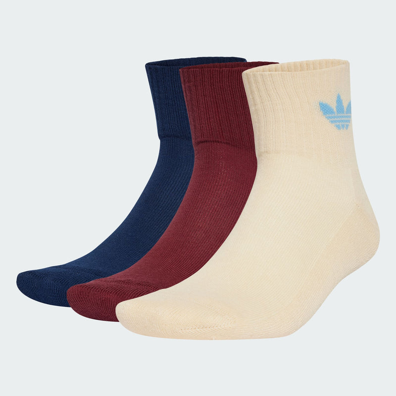 adidas mid-cut crew socks in a soft cotton blend, three pairs per pack