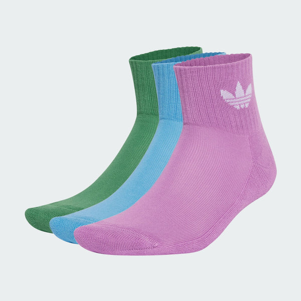 adidas mid-cut crew socks in a soft cotton blend, three pairs per pack