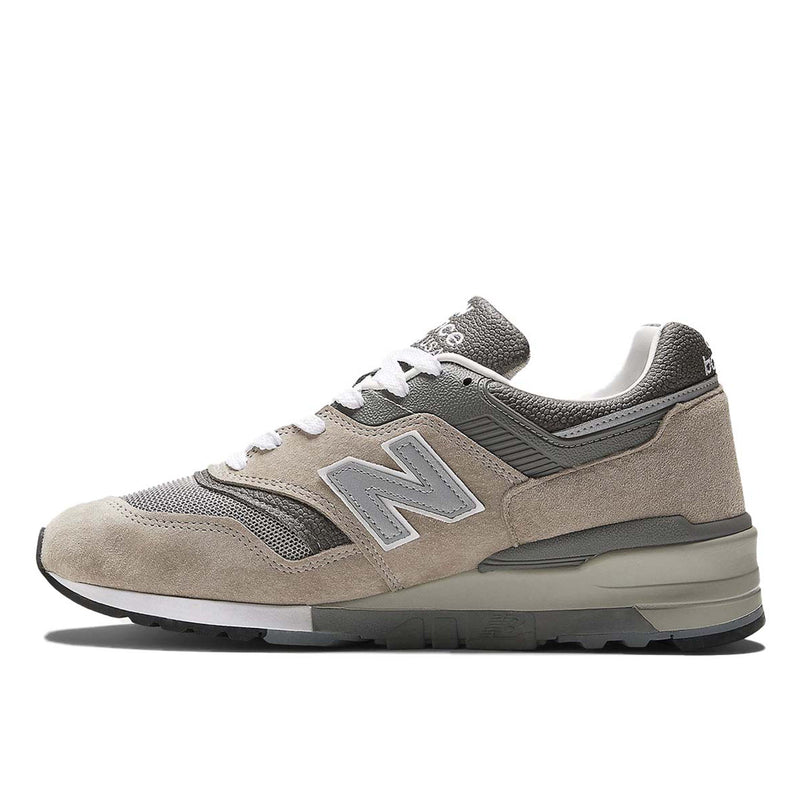 New Balance 997 'Grey' sneaker showcasing its mesh base, suede overlays, and textured leather, featuring ABZORB and ENCAP cushioning for enhanced comfort.