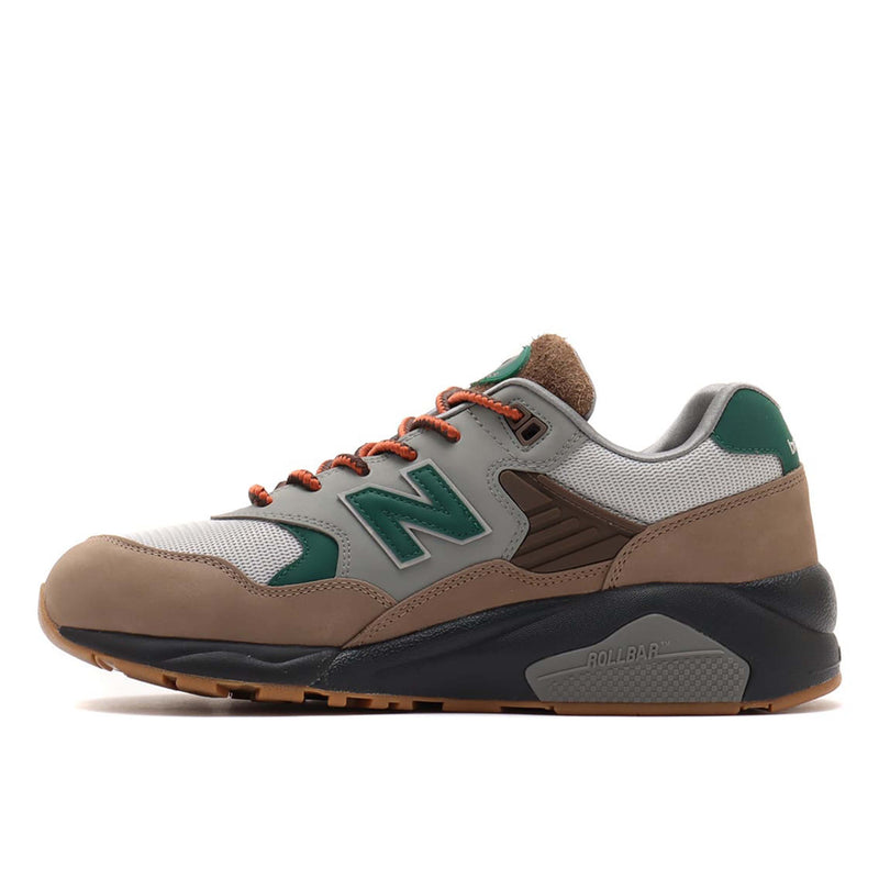 New Balance 580 trail design with sleek modern updates: suede upper, mesh collar lining.