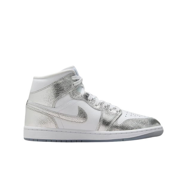 Air Jordan 1 mid-top sneaker, featuring a chrome-like upper that sparkles and catches the eye.