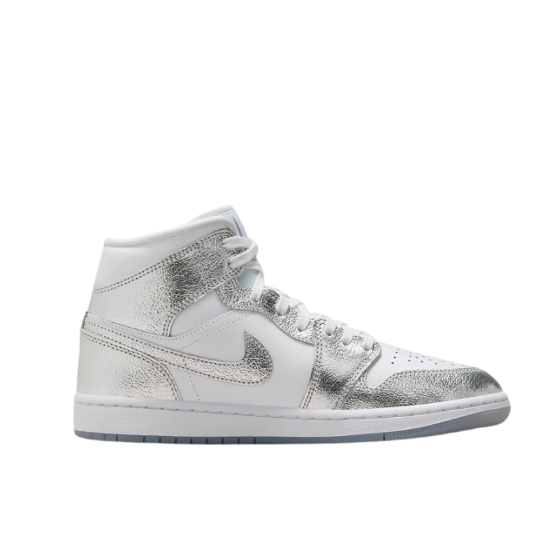 Air Jordan 1 mid-top sneaker, featuring a chrome-like upper that sparkles and catches the eye.