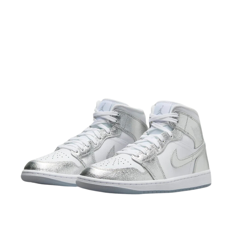 Air Jordan 1 mid-top sneaker, featuring a chrome-like upper that sparkles and catches the eye.