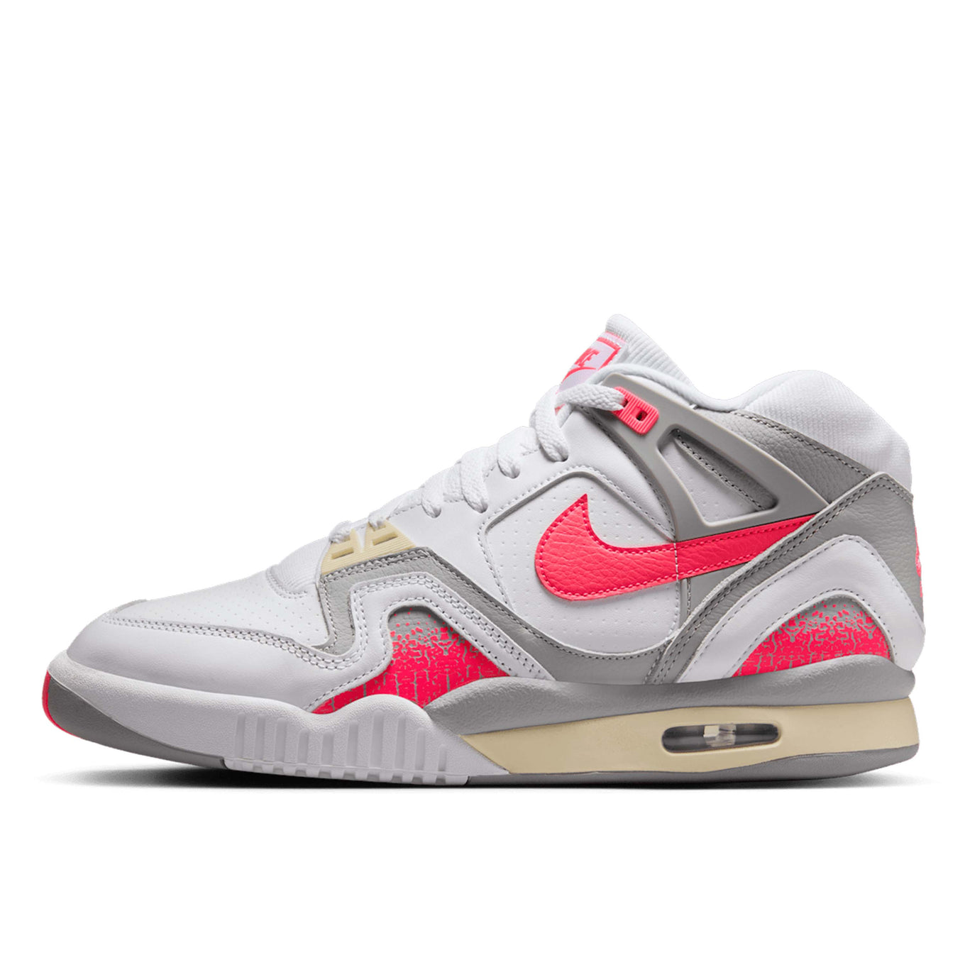 Air Tech Challenge 2 sneakers with white leather, Light Smoke Grey, and Racer Pink accents, featuring visible Max Air cushioning.