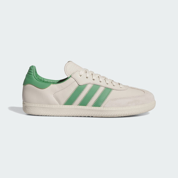 Pharrell x adidas Originals Samba Premium Edition showing ECCO leather upper, zigzag stitching, signature 3-Stripes, suede T-toe, and floating heel tab.



