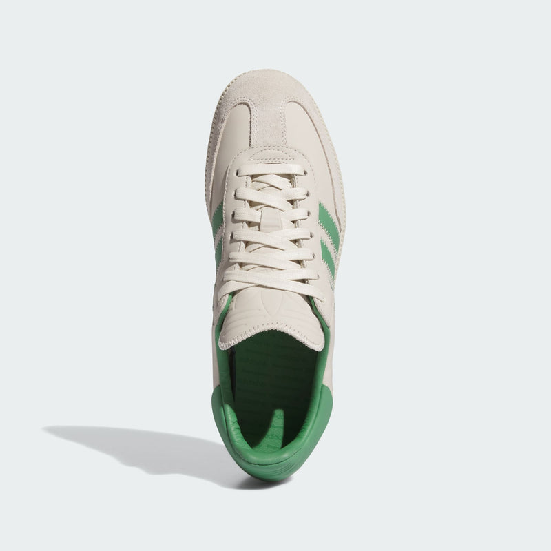 Pharrell x adidas Originals Samba Premium Edition showing ECCO leather upper, zigzag stitching, signature 3-Stripes, suede T-toe, and floating heel tab.



