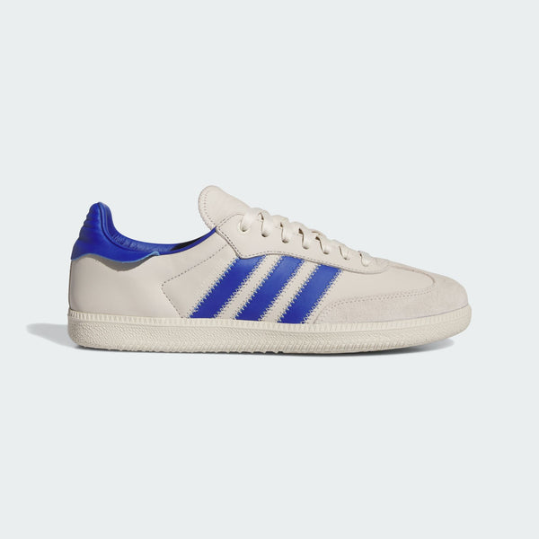 Pharrell x adidas Originals Samba Premium Edition showing ECCO leather upper, zigzag stitching, signature 3-Stripes, suede T-toe, and floating heel tab.



