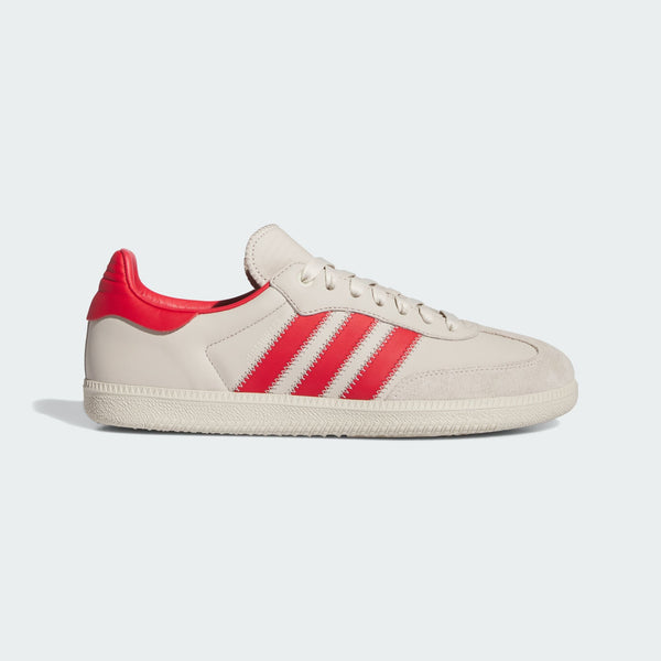 Pharrell x adidas Originals Samba Premium Edition showing ECCO leather upper, zigzag stitching, signature 3-Stripes, suede T-toe, and floating heel tab.



