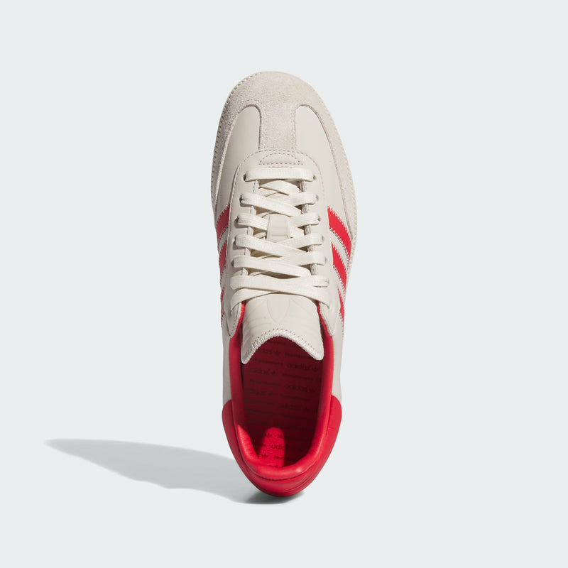 Pharrell x adidas Originals Samba Premium Edition showing ECCO leather upper, zigzag stitching, signature 3-Stripes, suede T-toe, and floating heel tab.



