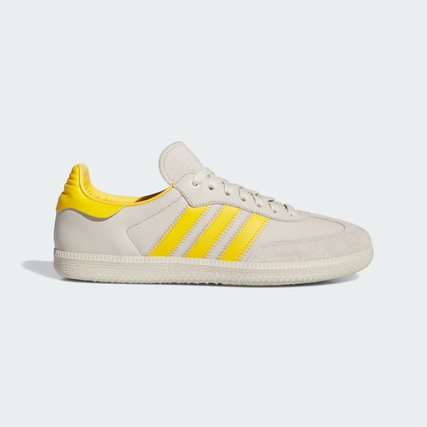 Pharrell x adidas Originals Samba Premium Edition showing ECCO leather upper, zigzag stitching, signature 3-Stripes, suede T-toe, and floating heel tab.



