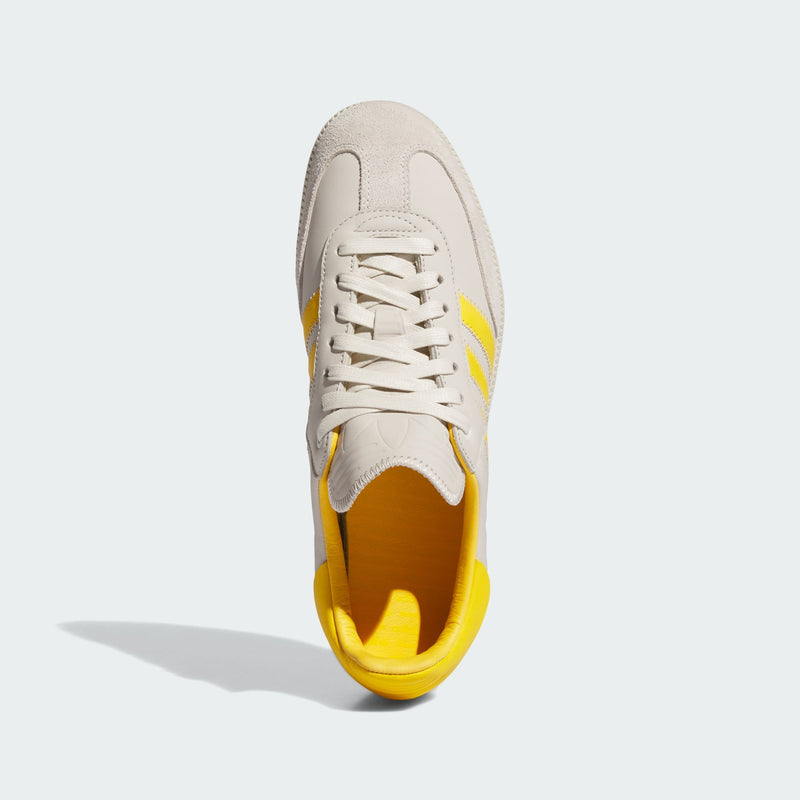 Pharrell x adidas Originals Samba Premium Edition showing ECCO leather upper, zigzag stitching, signature 3-Stripes, suede T-toe, and floating heel tab.



