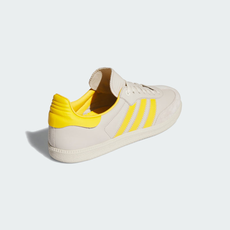 Pharrell x adidas Originals Samba Premium Edition showing ECCO leather upper, zigzag stitching, signature 3-Stripes, suede T-toe, and floating heel tab.



