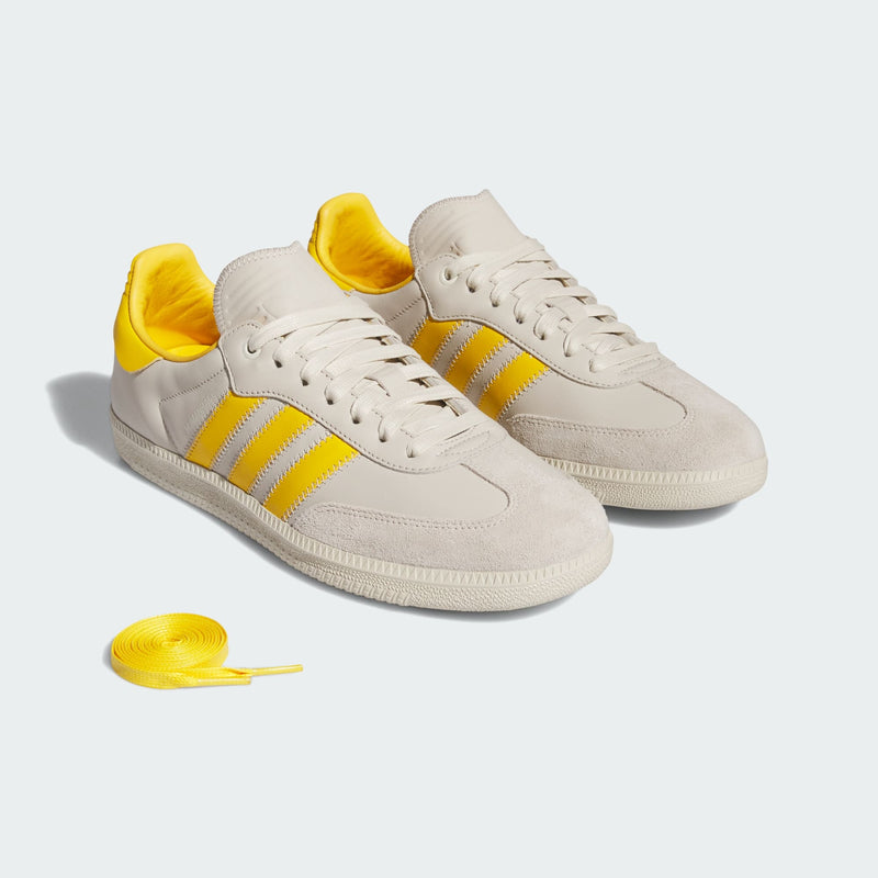 Pharrell x adidas Originals Samba Premium Edition showing ECCO leather upper, zigzag stitching, signature 3-Stripes, suede T-toe, and floating heel tab.



