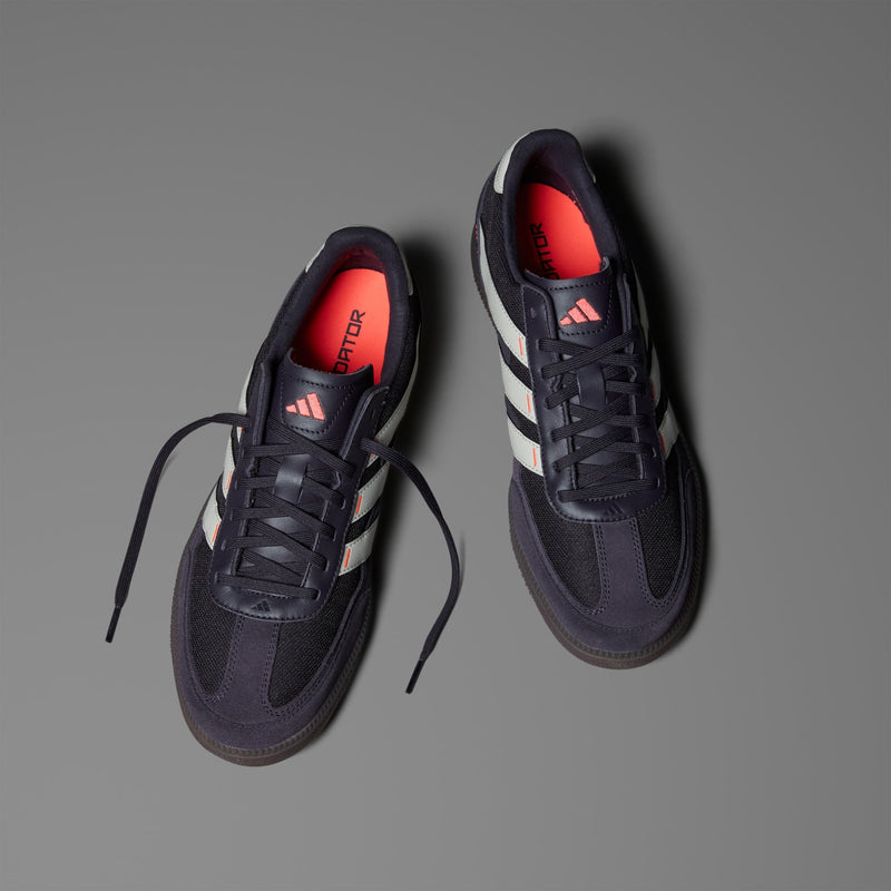 Adidas Predator Freestyle soccer shoes with suede and mesh upper, lightweight Lightstrike midsole, and Samba outsole, made with recycled and renewable materials.