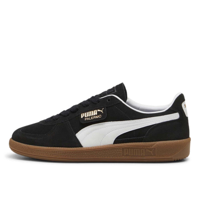 Retro Palermo sneakers featuring a suede upper, leather Formstrip, foil-printed PUMA branding, signature tag, T-toe construction, and classic gum sole.