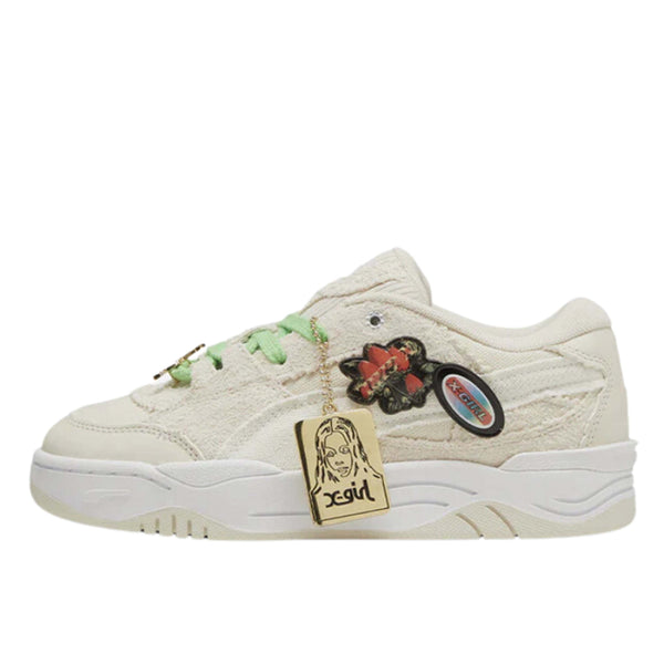 PUMA-180 sneakers inspired by 90s-00s skate culture, featuring oversized padding, chunky shapes, textile base with suede overlays, and a distressed outsole.