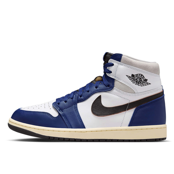 Air Jordan 1 Retro High OG Rare Air sneaker featuring brush-off Swoosh, Deep Royal Blue NIKE AIR label, and mismatched packaging