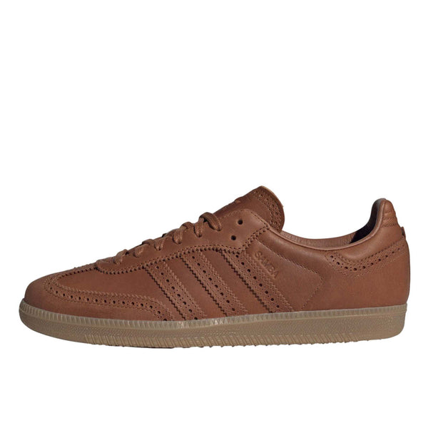 adidas Samba OG Shoes with a premium leather upper, brogue detailing, rubber outsole, and signature 3-Stripes, blending classic sports heritage with sophisticated street style.