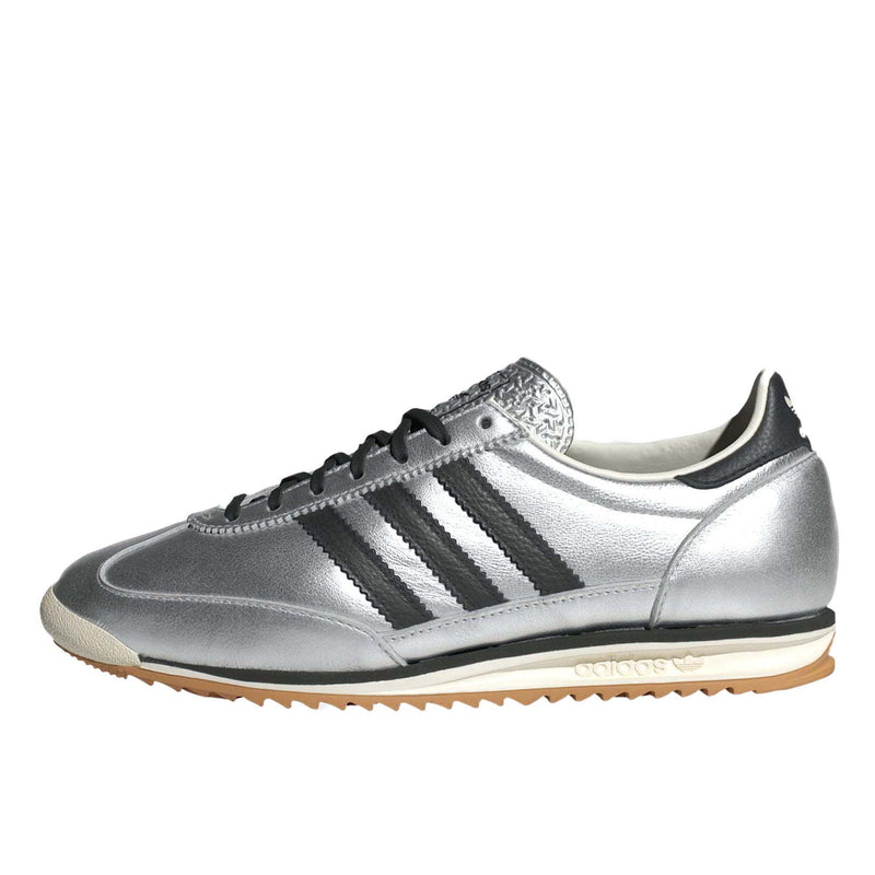 adidas SL 72 shoes with a metallic leather upper, showcasing their slender silhouette and low-profile cut, featuring an EVA midsole for comfort.