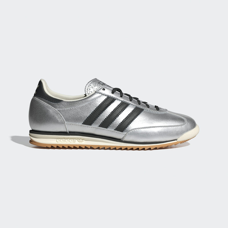 adidas SL 72 shoes with a metallic leather upper, showcasing their slender silhouette and low-profile cut, featuring an EVA midsole for comfort.