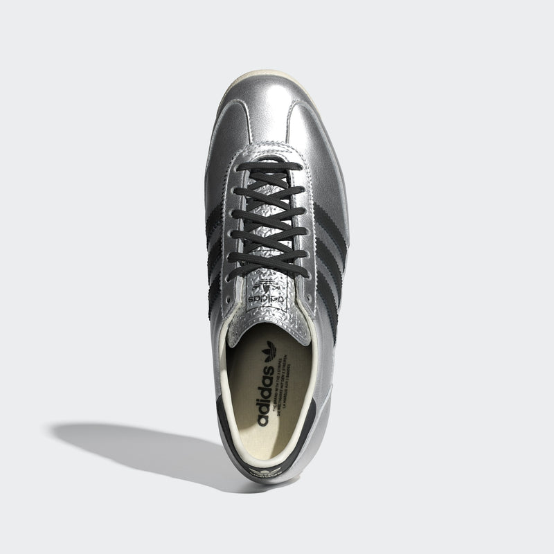 adidas SL 72 shoes with a metallic leather upper, showcasing their slender silhouette and low-profile cut, featuring an EVA midsole for comfort.