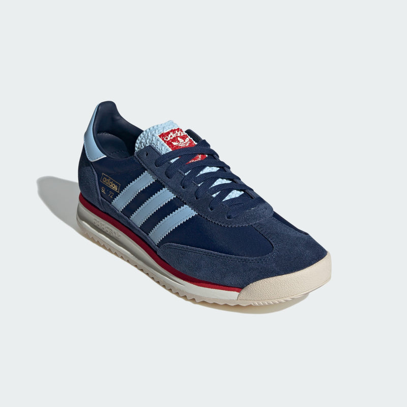 adidas SL 72 shoes with a sleek 1972 design, featuring an EVA midsole, textured rubber outsole, and suede overlays on a nylon upper.



