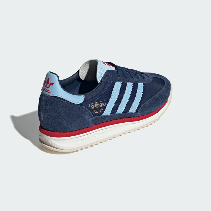 adidas SL 72 shoes with a sleek 1972 design, featuring an EVA midsole, textured rubber outsole, and suede overlays on a nylon upper.



