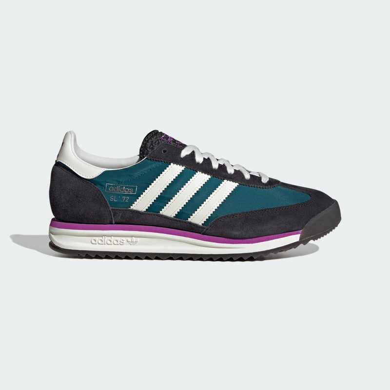 adidas SL 72 shoes with a nylon upper and suede overlays, showcasing their retro design, EVA midsole, and grippy outsole.


