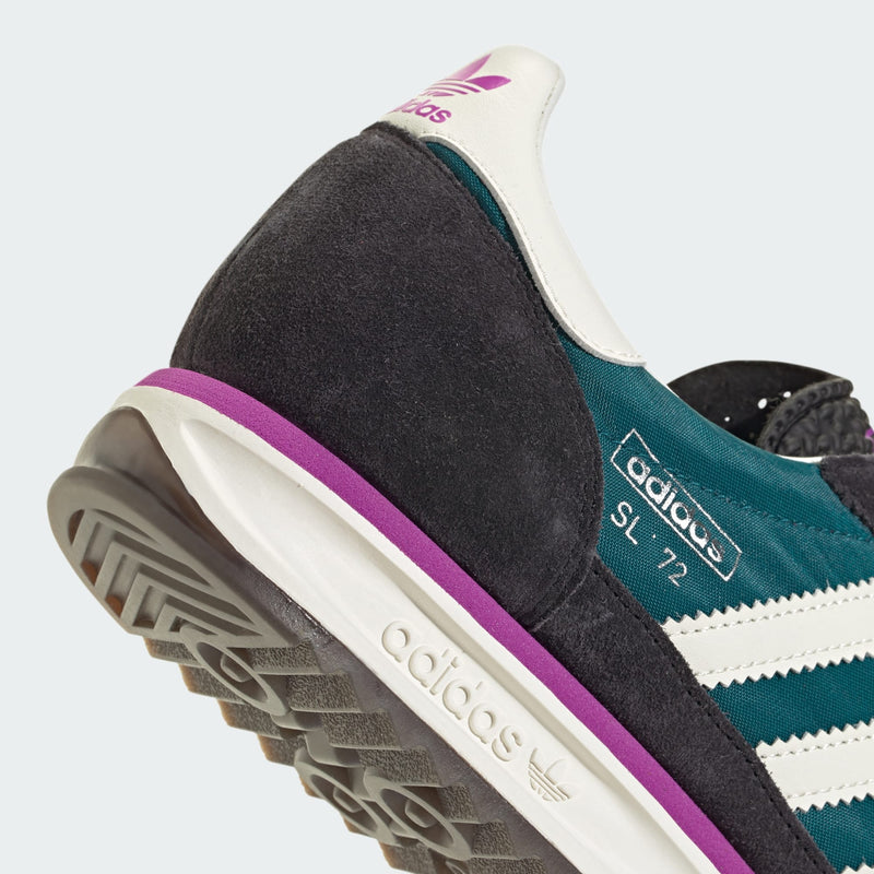 adidas SL 72 shoes with a nylon upper and suede overlays, showcasing their retro design, EVA midsole, and grippy outsole.


