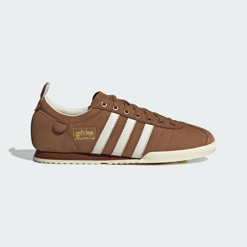 adidas Samba 62 shoes with nubuck upper, stacked leather sole, and serrated 3-Stripes.