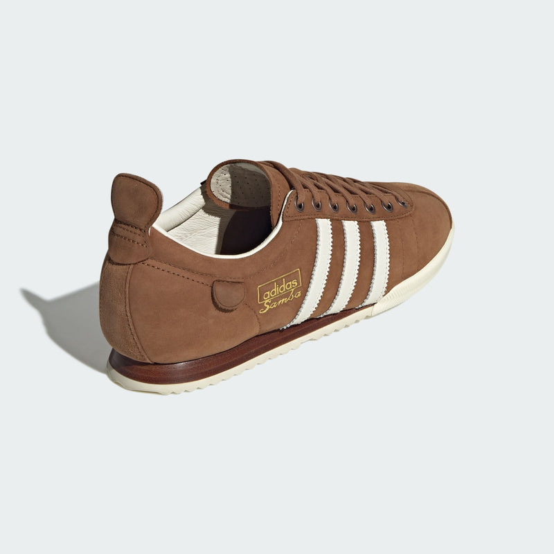 adidas Samba 62 shoes with nubuck upper, stacked leather sole, and serrated 3-Stripes