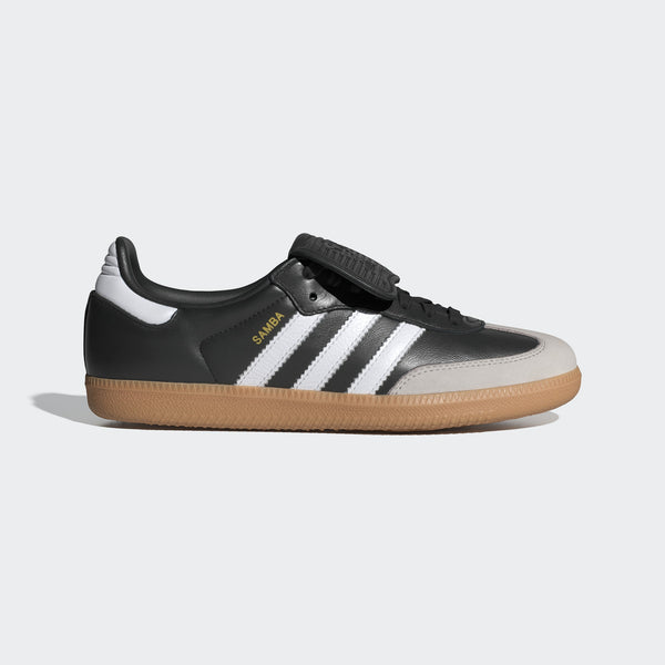 adidas Samba LT shoes with oversized football-inspired tongue, premium leather upper, nubuck toe, and rubber outsole