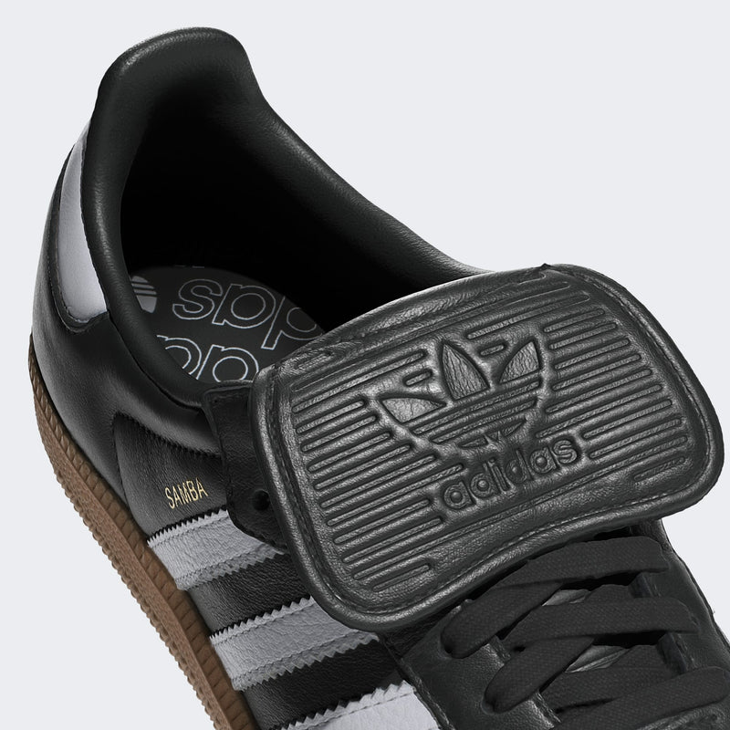 adidas Samba LT shoes with oversized football-inspired tongue, premium leather upper, nubuck toe, and rubber outsole